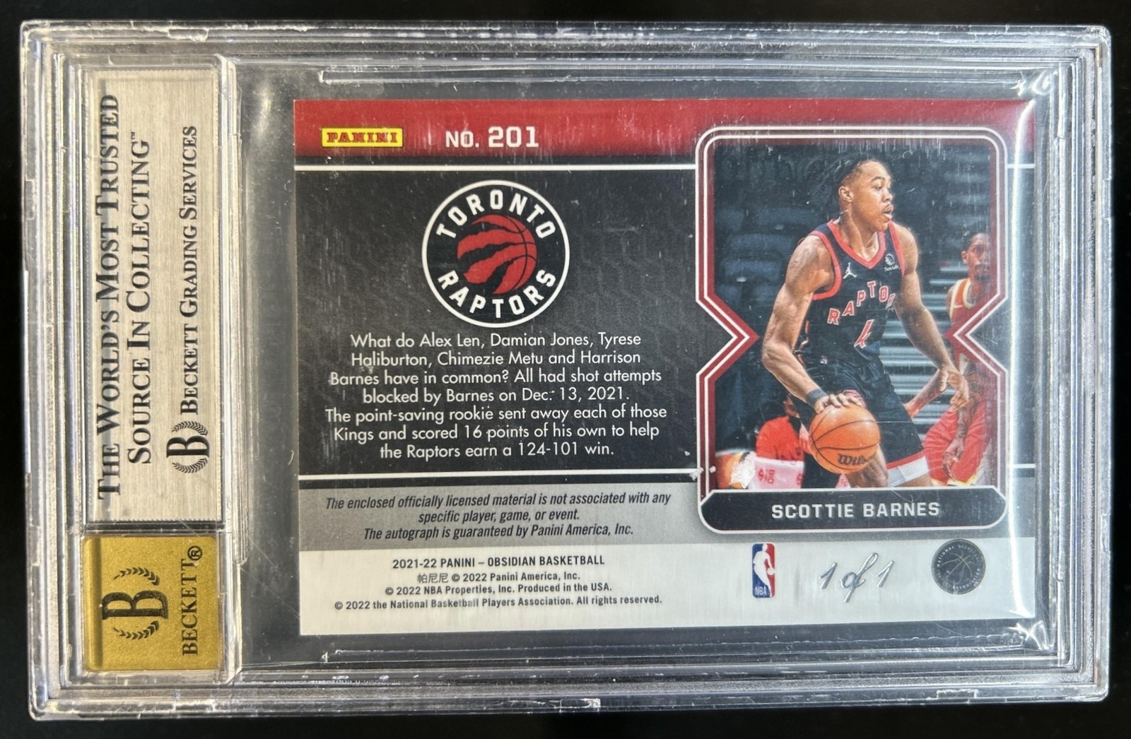 2021-22 Obsidian Scottie Barnes RC Nike Patch White Mojo Auto #1/1 BGS 9 10 view 2