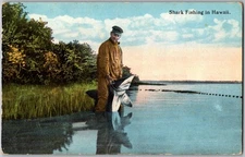 Antique ca 1914 Postcard Shark Fishing in Hawaii Fisherman with Pipe & Catch