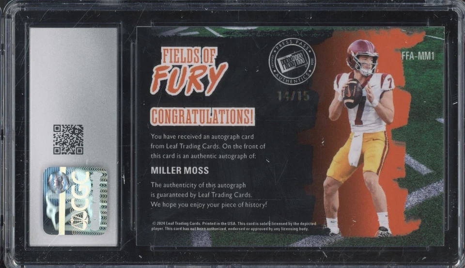 2024 Leaf Fields Of Fury Light Blue Miller Moss 14/15 RC Gem Mint CGC 10 9 Auto - Image 2 of 2
