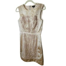 BCBGMAXAZRIA Tan Satin & Floral Lace Round Neck Mini Dress 6