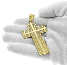 10k Gold Cross Pendant Screw Head Detail Textured Finish Mens Charm 2.9 inch