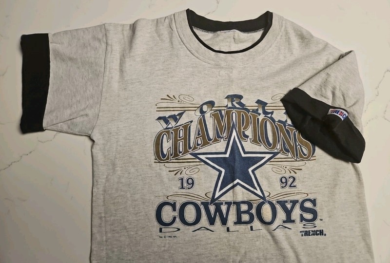 1992 World Champions Dallas Cowboys Vintage T Shirt Trench Layered Grey Black