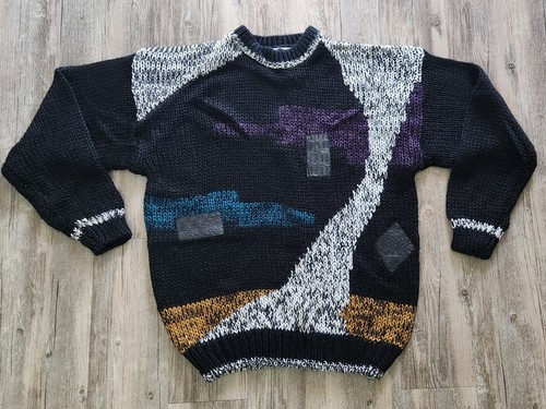 Vintage Code Zero Mens Geometric 1980 knit Sweater Leather Patch Large oversized