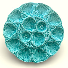 Vintage Gien Majolica Oyster Plate   Turquoise   12 Wells   France
