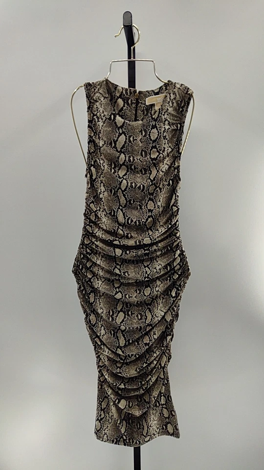 Michael Kors Printed Long Sleeve Ruched Midi Sheath Dress S