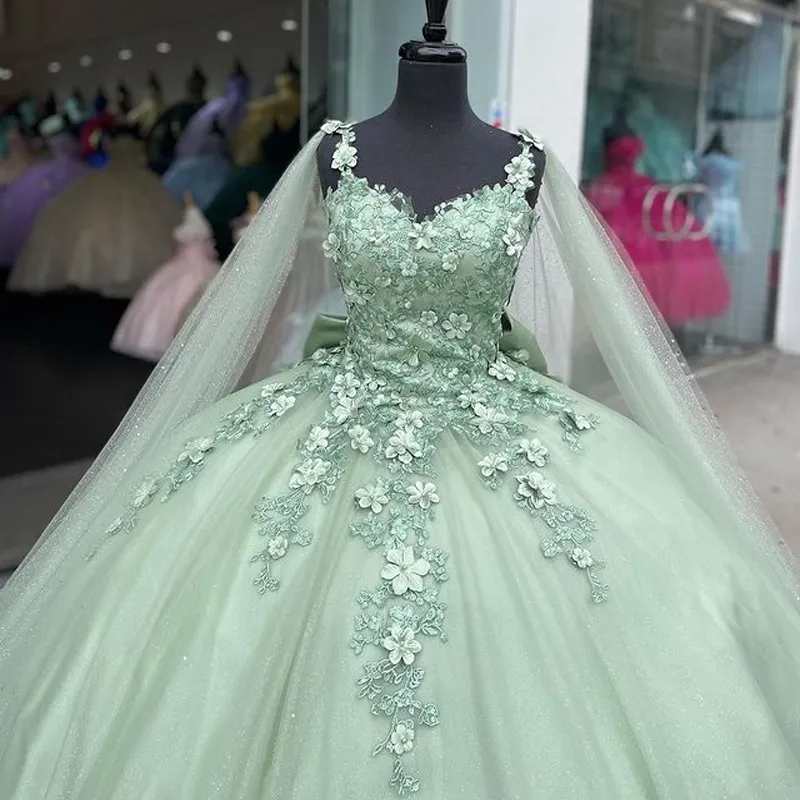 Green Quinceanera Dresses For Sweet 16 Girls Princess Ball Gowns With Cape