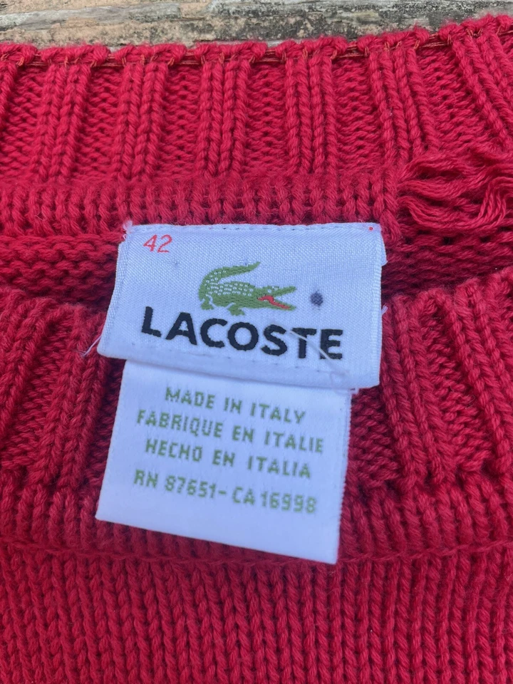 Suéter Vintage Lacoste Italia Rojo Pescador Golpeado Tejido Cable Tejido Grande Foto 4 de 4