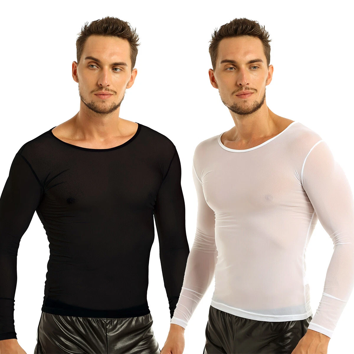 Men's Sports Sheer Tight Muscle Long Sleeve See Through Mesh T Shirt Top Tee