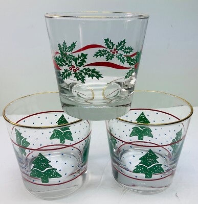 Libbey Christmas 8oz Glasses Lot of 3 Double Old Fashioned Vintage Gold Rim