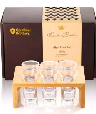 Excalibur Brothers Shot Glasses 1 oz Set Of 6 and Bamboo Holder-Brand New Sealed