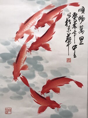 Vintage Chinese Original Watercolor and Ink Painting Red Carp Fish