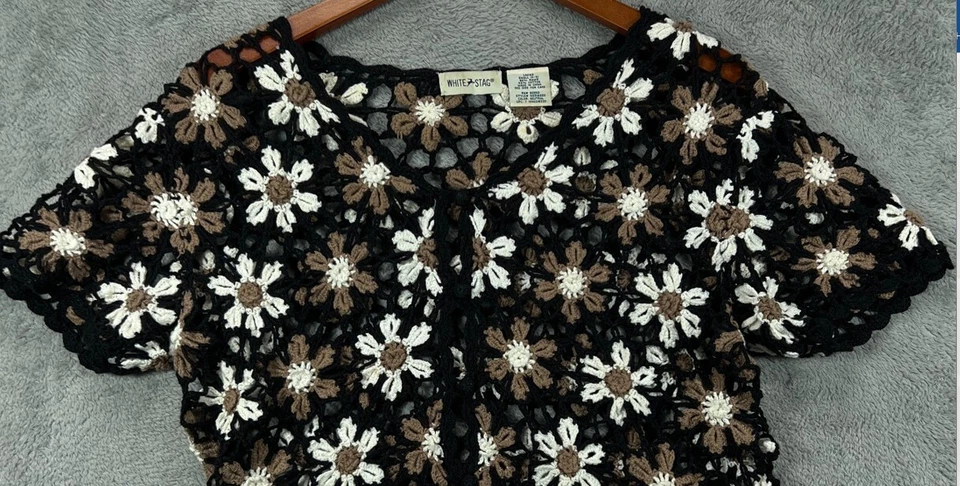 Vintage White Stag Womens Small Crochet Floral Cardigan Black Boho Short Sleeve - Image 3 of 4