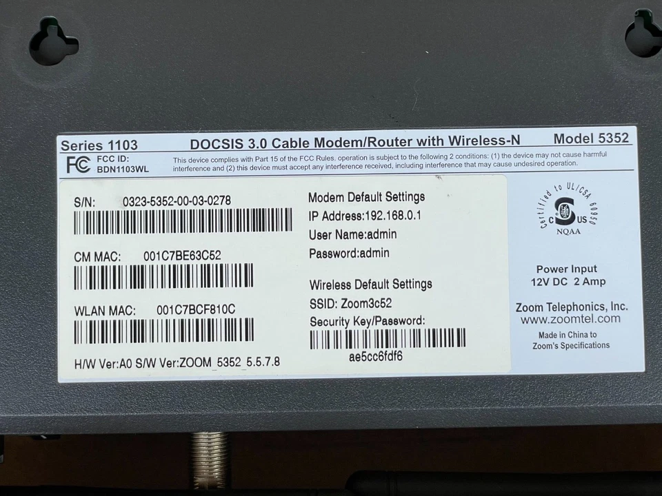 Zoom Technologies DOCSIS 3.0 Cable Modem/Router with Wireless-N Model 5352 - Image 4 of 4