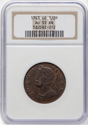 ENGLAND GEORGE II 1743 HALF PENNY COIN ALMOST UNCIRCULATED CERTIFIED NGC AU55-BN