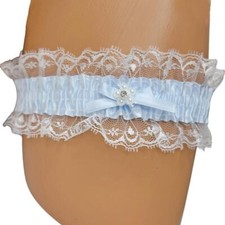 Satin Leg Garter Lace Ruffle Trim Mini Bow Faux Jewel Flower Accent Blue 3555