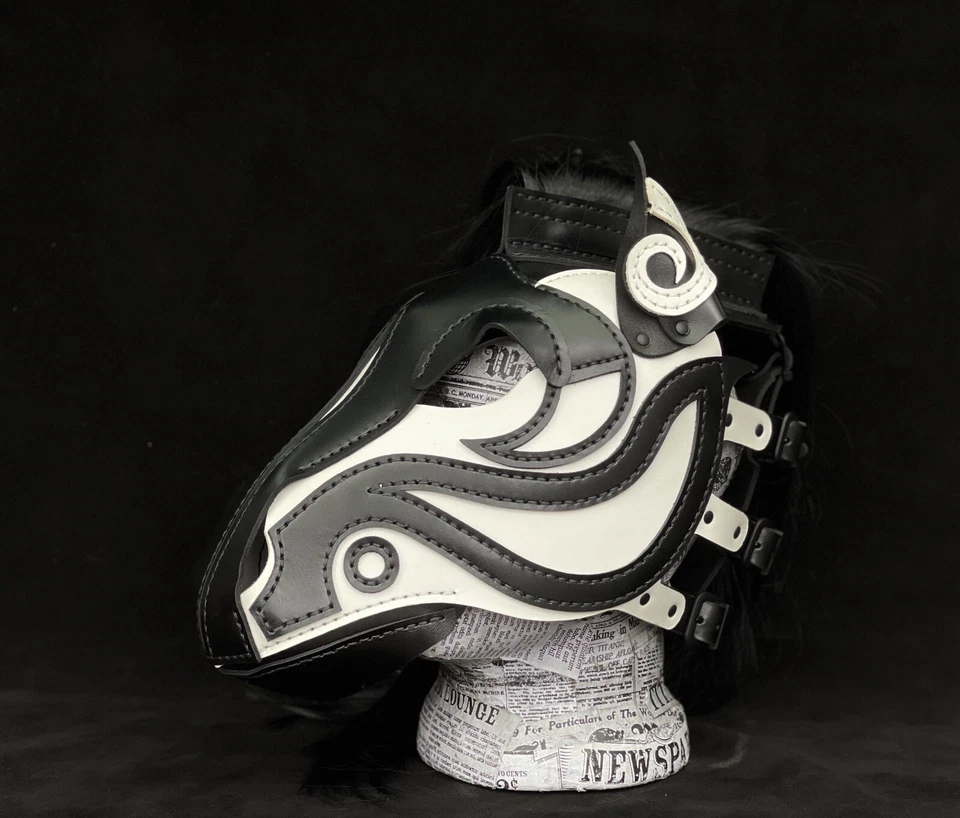 Horse   leather mask Leather Pony Play handmade Hood “Black And White” Edition - Image 2 of 4