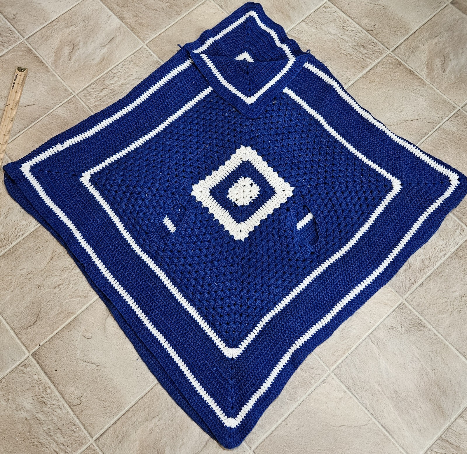 Vintage Crocheted Triangular Pullover Poncho Blue… - image 2