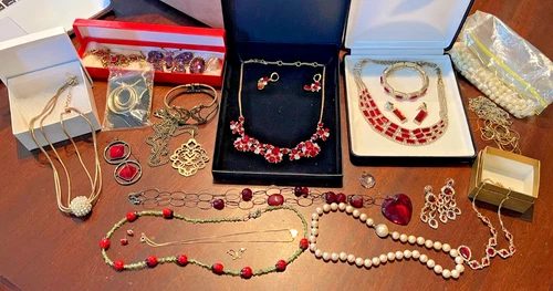 Vintage Estate Collection Costume Jewelry Red Themed Broach, Necklaces, Earrings