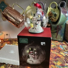 Bed Bath Beyond NEW Snowman Family Large Glass Ornament JOY LED Globe Working
