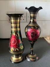 Pair of 2 vintage small etched floral black metal vases