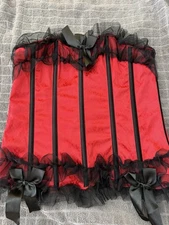 Seven Til Midnight Corset Red Black Hook/eye Back Showgirl Vibes Boned Sz XL