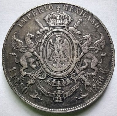 1866 Mo Mexico Maximilian I Silver 1 Peso KM#388.1 Empire Coin VF/XF Details