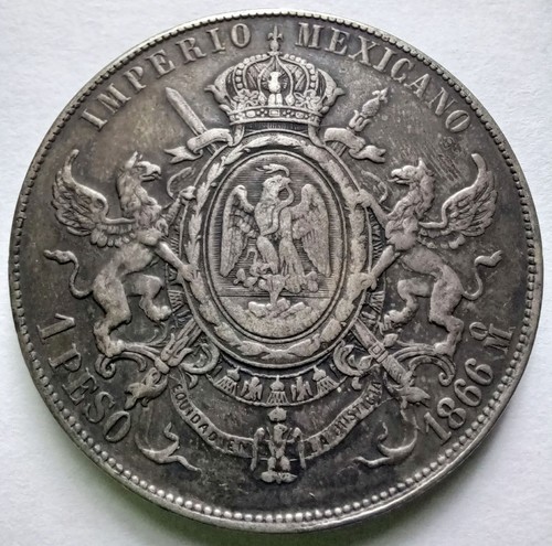 1866 Mo Mexico Maximilian I Silver 1 Peso KM#388.1 Empire Coin VF/XF Details