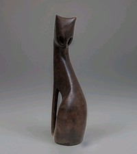 Hand Carved Wooden Cat Solid Wood Mid Century...