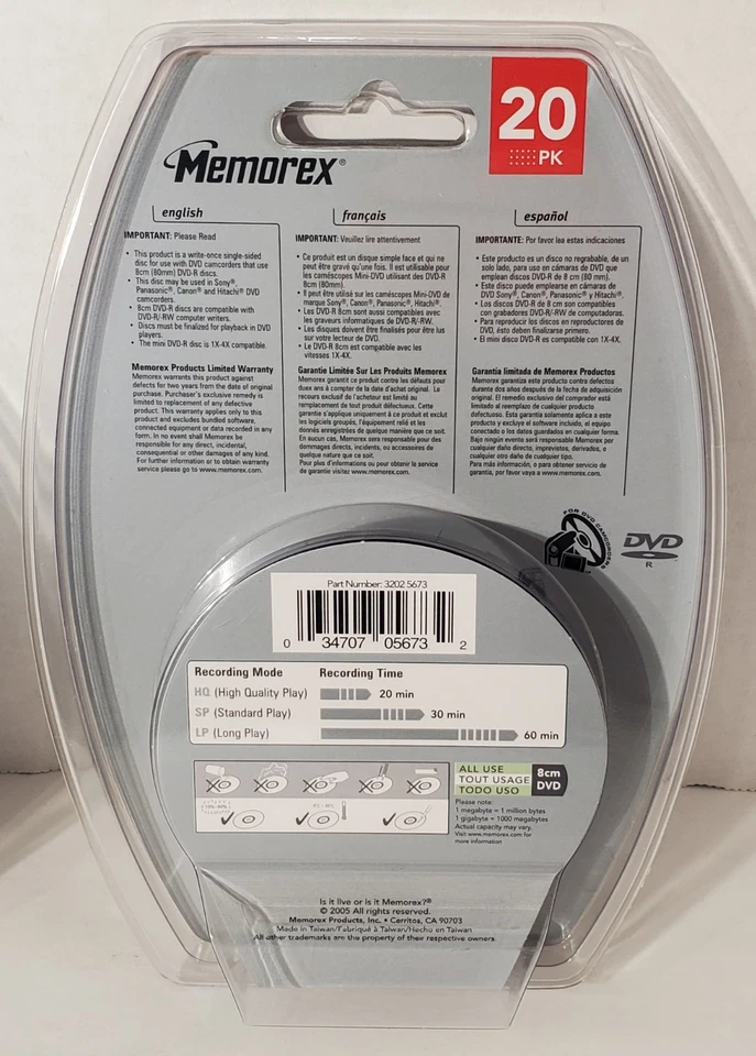 2X Memorex Mini DVD-RW 20 Pack 1.4 GB 30 Min Single Sided Camcorder Disc SEALED - Image 3 of 3