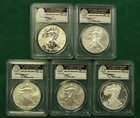 2011 25th Anniversary 5 pc Set American Silver Eagles PCGS PR70 MS70 Mercanti