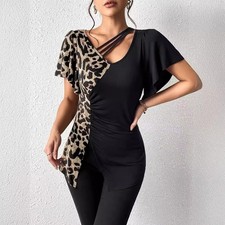Womens Leopard-Print Asymmetrical-Neck Butterfly-Sleeve Patchwork Top
