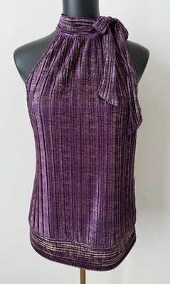 Heart Soul Women's XL Purple And Gold Metallic Pleated Top Tie Neck NWOT