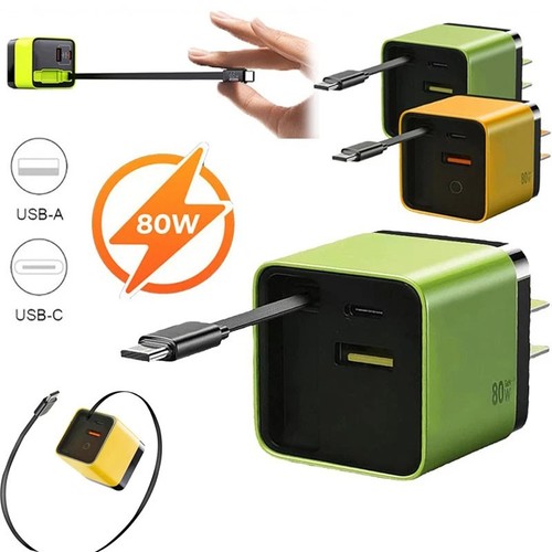 3 IN 1 GaN Charger 80W Fast Charger with Type C Cable 2 USB Ports Retractable - Picture 2 of 20