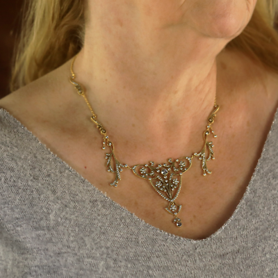 Collier Court Belle Epoque Style 1900s - Dentelle Serti CZ Blanc Doré Mat, Neuf Sans Emballage