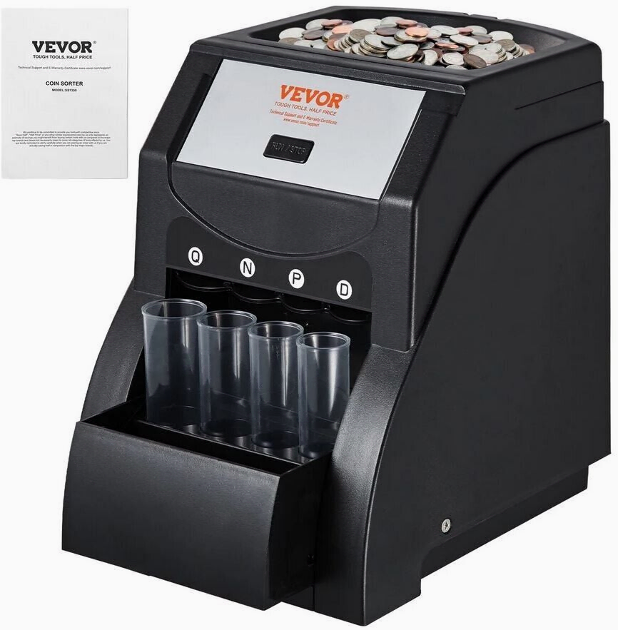 VEVOR USD Coin Sorter Coin Counter Wrapper and Roller 230 Coins/min 4 Coin Tubes