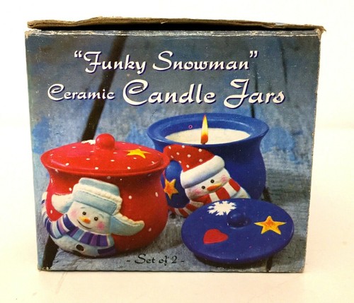 Set Of 2 Charlie Zabarte Funky Snowman Ceramic Candle Jars Christmas Blue & Red - Picture 12 of 12