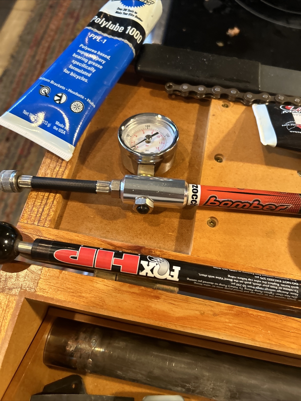 Bike Tool Box Kit Set Bundle Road/Mountain Wood Case Fox HP Bomber