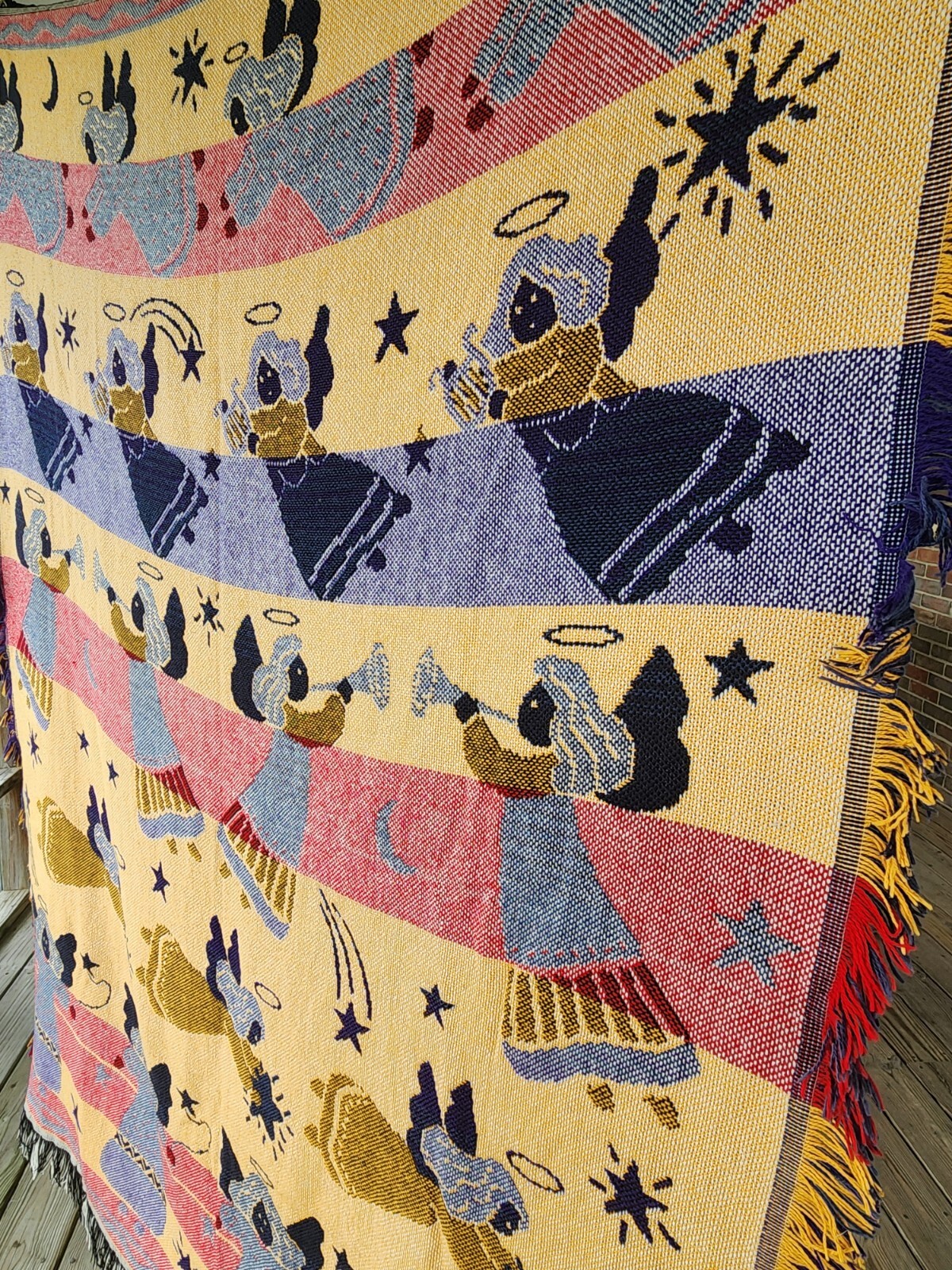 Vintage Crown Crafts Angel Christmas Throw Blanket Fringed Afghan Cotton 48"x63"