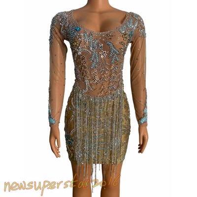 Women Performance Low Cut Tulle Dress Faux Gemstone Decor Dancer Stage Skirt