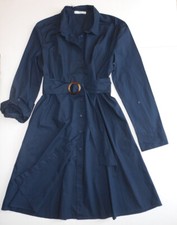 MANGO Women's 100% Cotton Navy Blue Belt Shirt Dress Long Sleeve Size XL