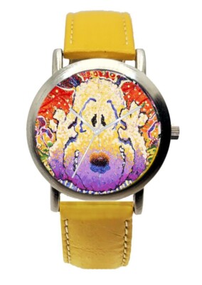 Nobody Barks In LA by Tom Everhart on Unisex Chrome Watch & Yellow Leather Strap