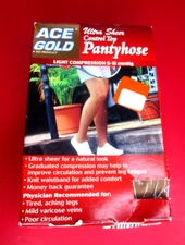 New~Ace Gold Ultra Sheer Control Top Pantyhose~Light Compression Sz Large~Beige