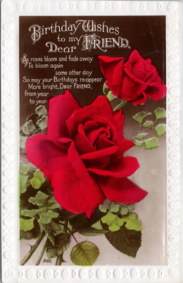 RPPC Photo Hand Colored Postcard- Roses- Birthday Wishes to Dear Friend