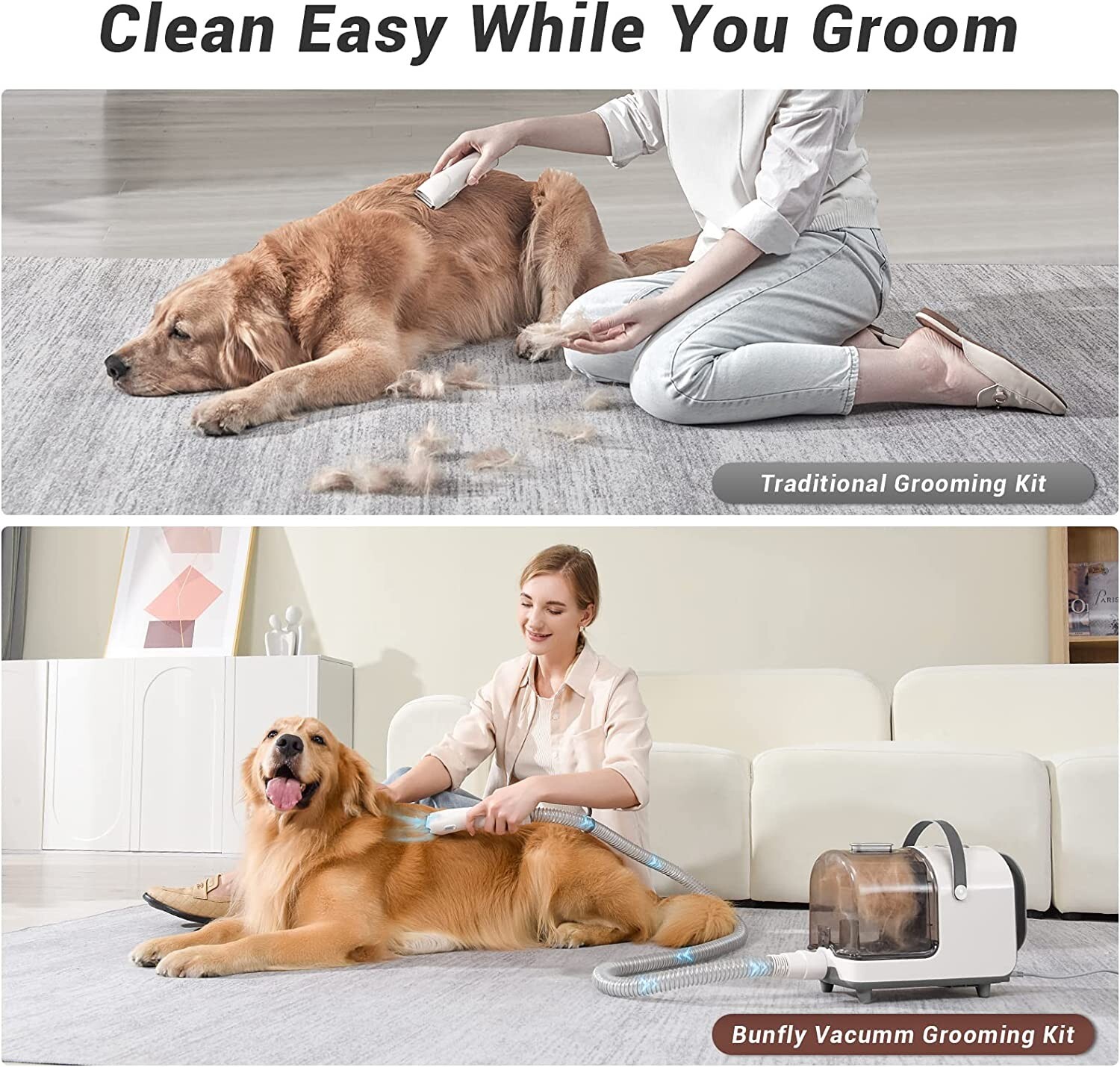 Bunfly Pet Clipper Grooming Kit & Vacuum Suction 99 Pet Hair, 7 Pet