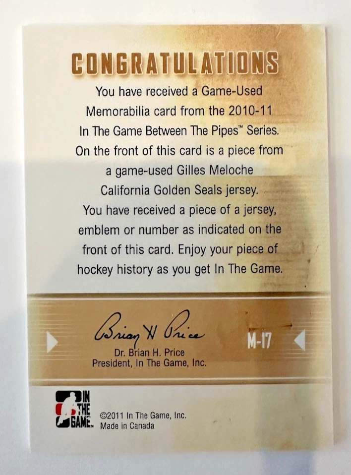 2010-11 In The Game Between The Pipes Gilles Meloche Game Used Jersey Card M-17 - Image 2 of 2