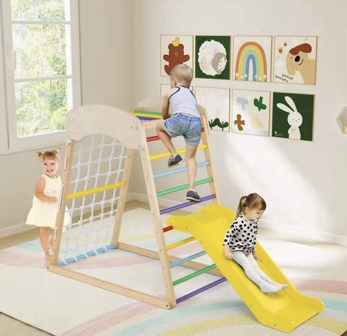 4-in-1 Jungle Gym Wooden Indoor Toddler Playground w/Slide-Colorful - Picture 3 of 6