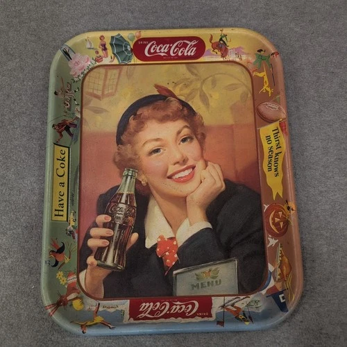 Vintage Coca Cola Metal Serving Tray Retro Woman Holding Bottle Drink Coca Cola