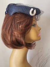 Vtg 50s-60s Fascinator Straw Pillbox Hat Sailor Style Net Navy Blue White