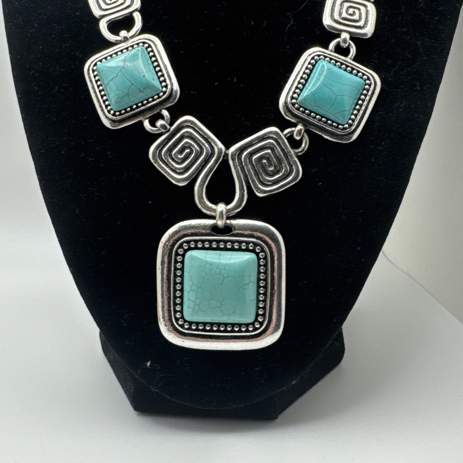 Silver Tone Turquoise Statement Bib Necklace Woma… - image 2