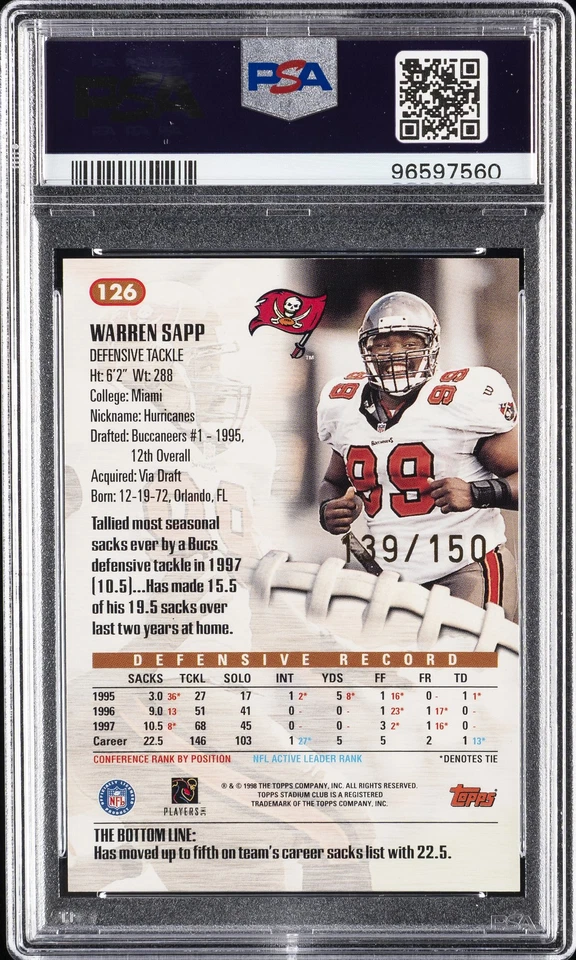 1998 STADIUM CLUB ONE OF A KIND #126 WARREN SAPP 139/150 PSA 9 - Image 2 of 2
